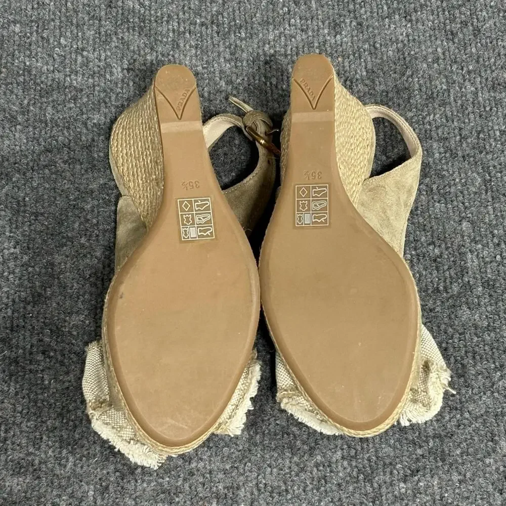 Prada Wedge Sandals Womens 5.5 Beige Espadrille Bow Peep Toe Suede Canvas